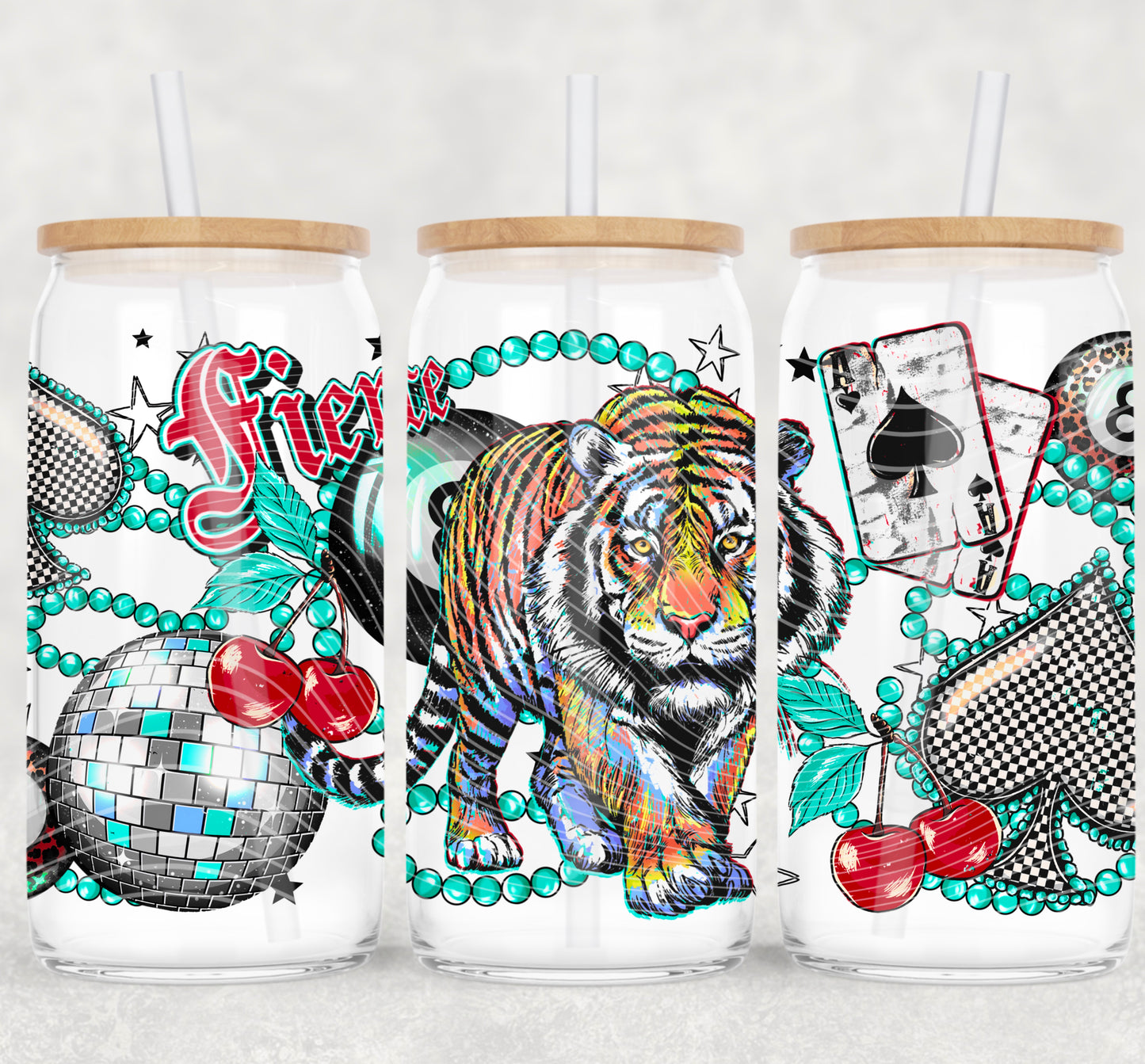 Fierce Tiger With Turquoise 16 oz Glass Can Wraps
