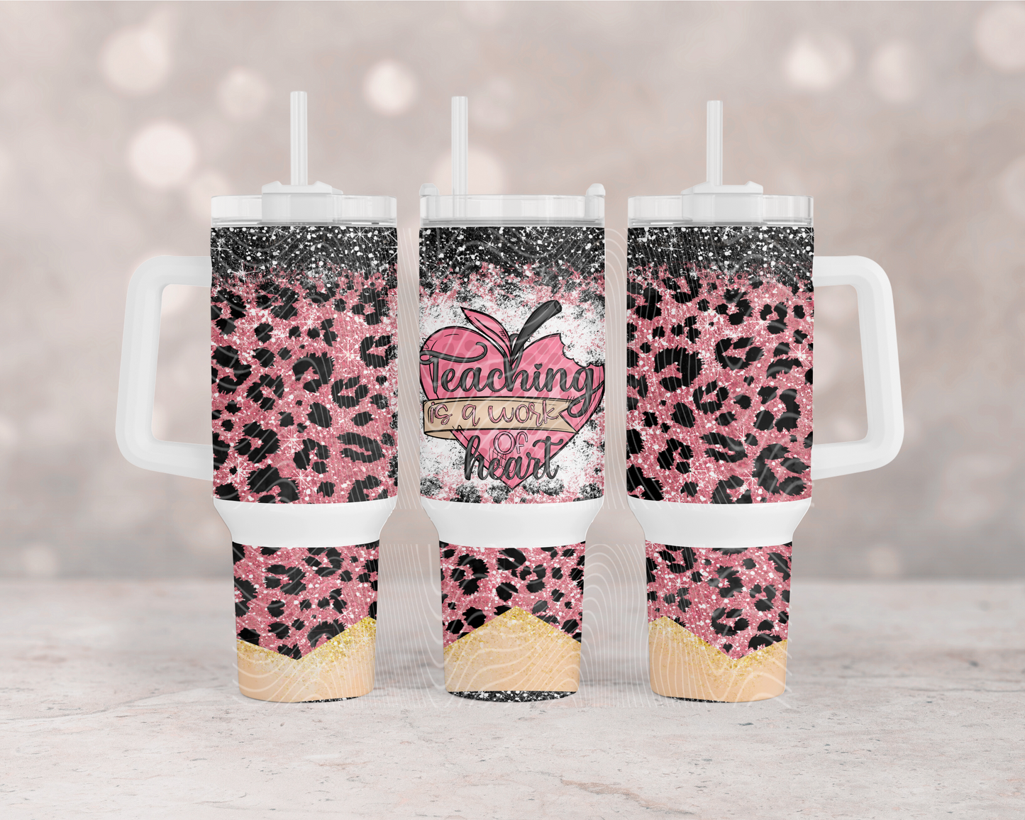 Teaching Is A Work Of Heart Pink Leopard 40 oz Tumbler Prints