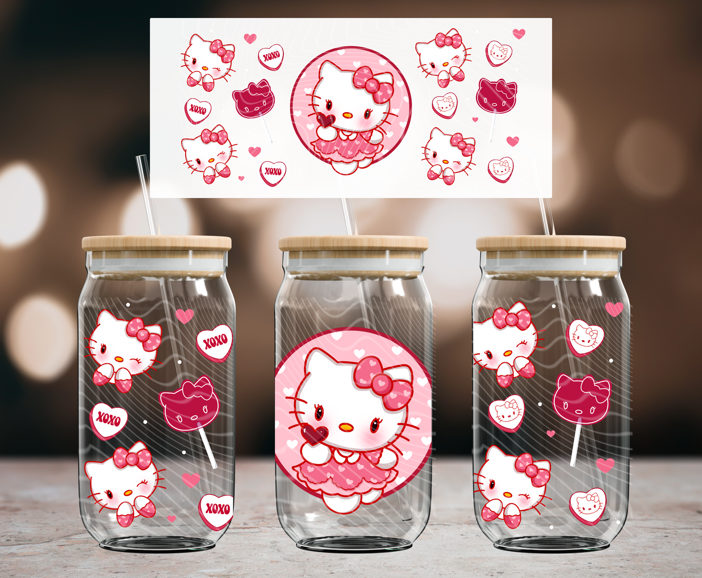 XOXO Pink Kitty 16 oz Glass Can Wraps
