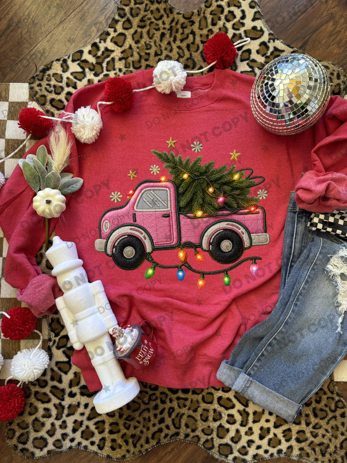 Pink Christmas Truck (Faux Embroidery) DTF Print