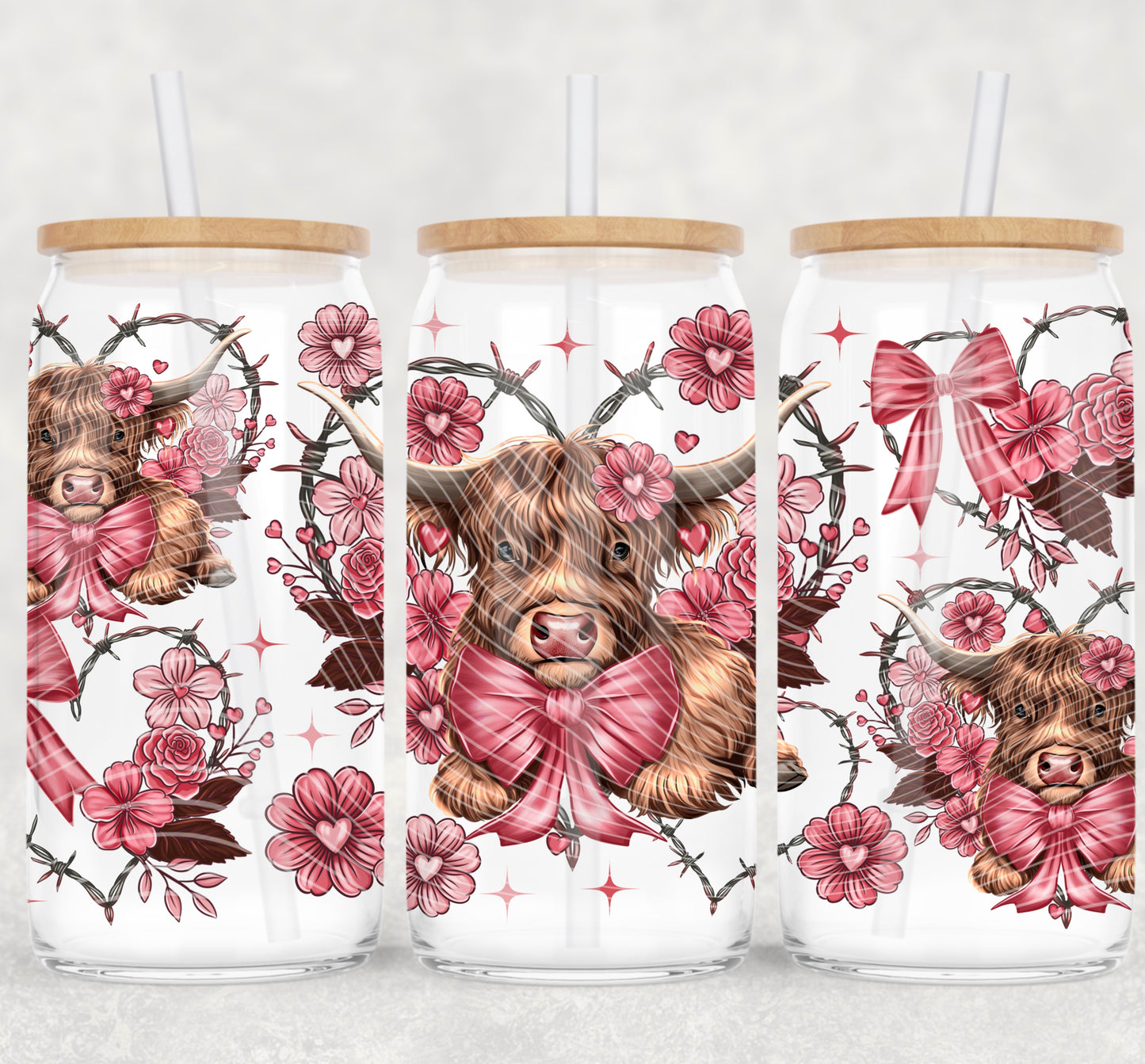 Valentine Highland Cow 16 oz Glass Can Wrap