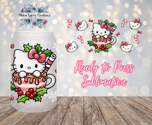 Kawaii Hot Chocolate Kitty Christmas 16 oz Glass Can prints
