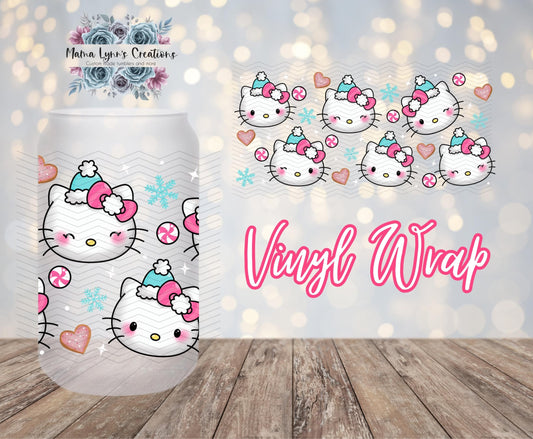 Hearts w/Peppermint Snowflake Kitty Christmas 16 oz Glass Can prints