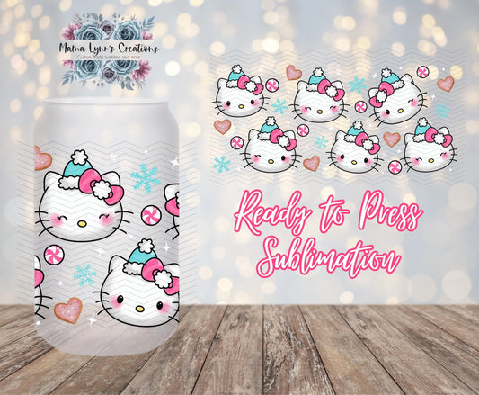 Hearts w/Peppermint Snowflake Kitty Christmas 16 oz Glass Can prints