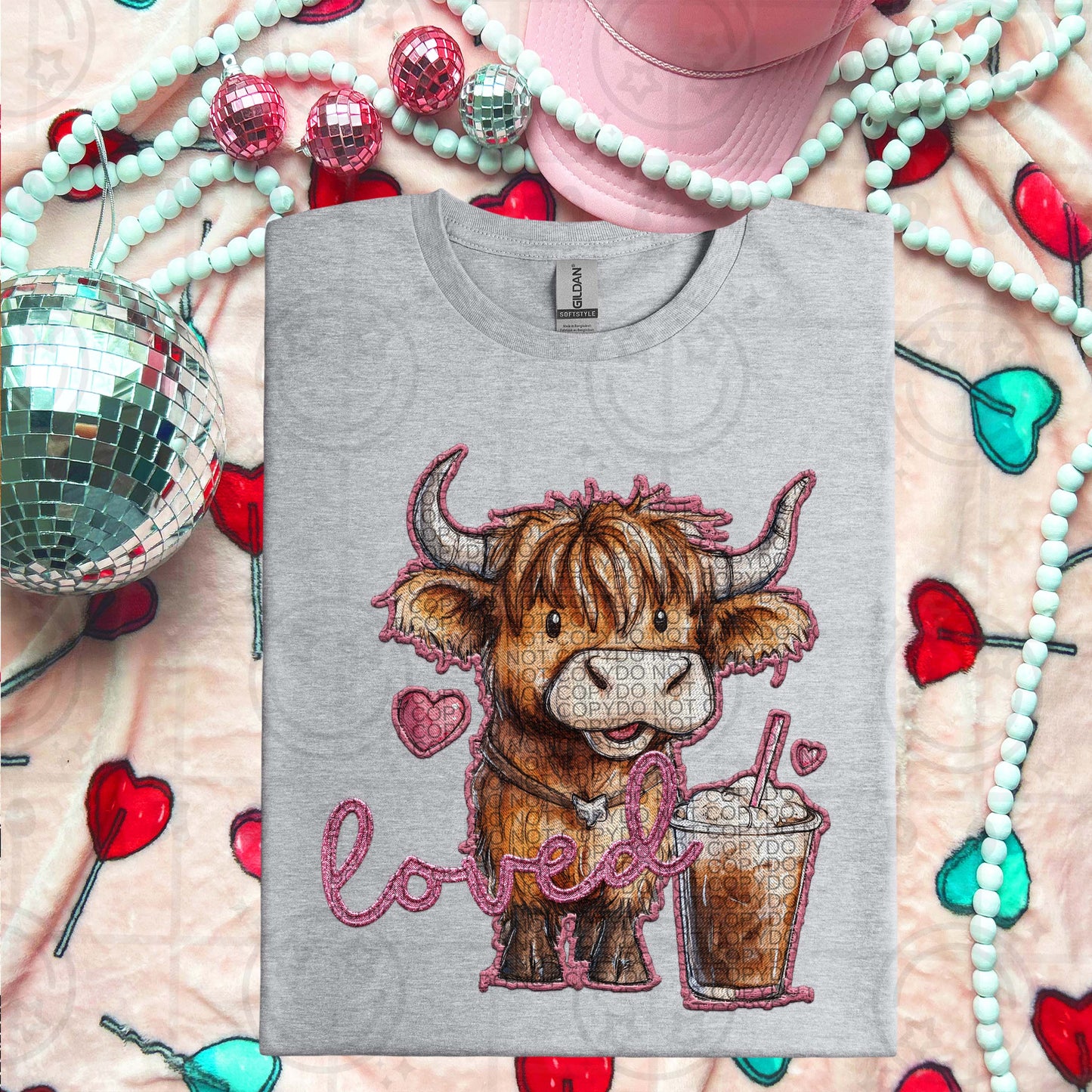 Pink loved Coffee Faux Embroidery DTF Print