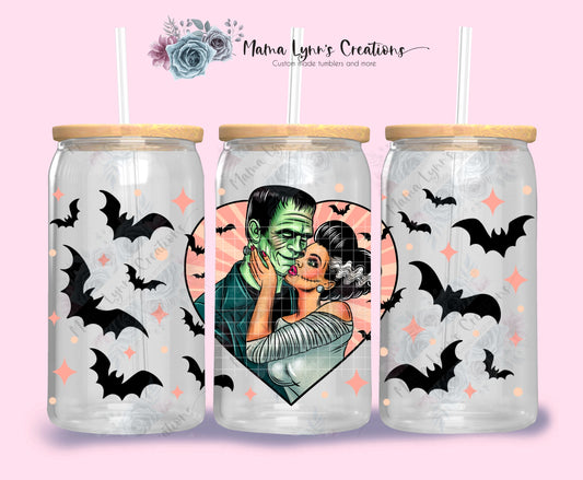 Frankenstein and Bride Valentine 16 oz Glass Can Wrap