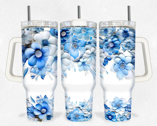 3D Blue Floral 40 oz Tumbler Prints