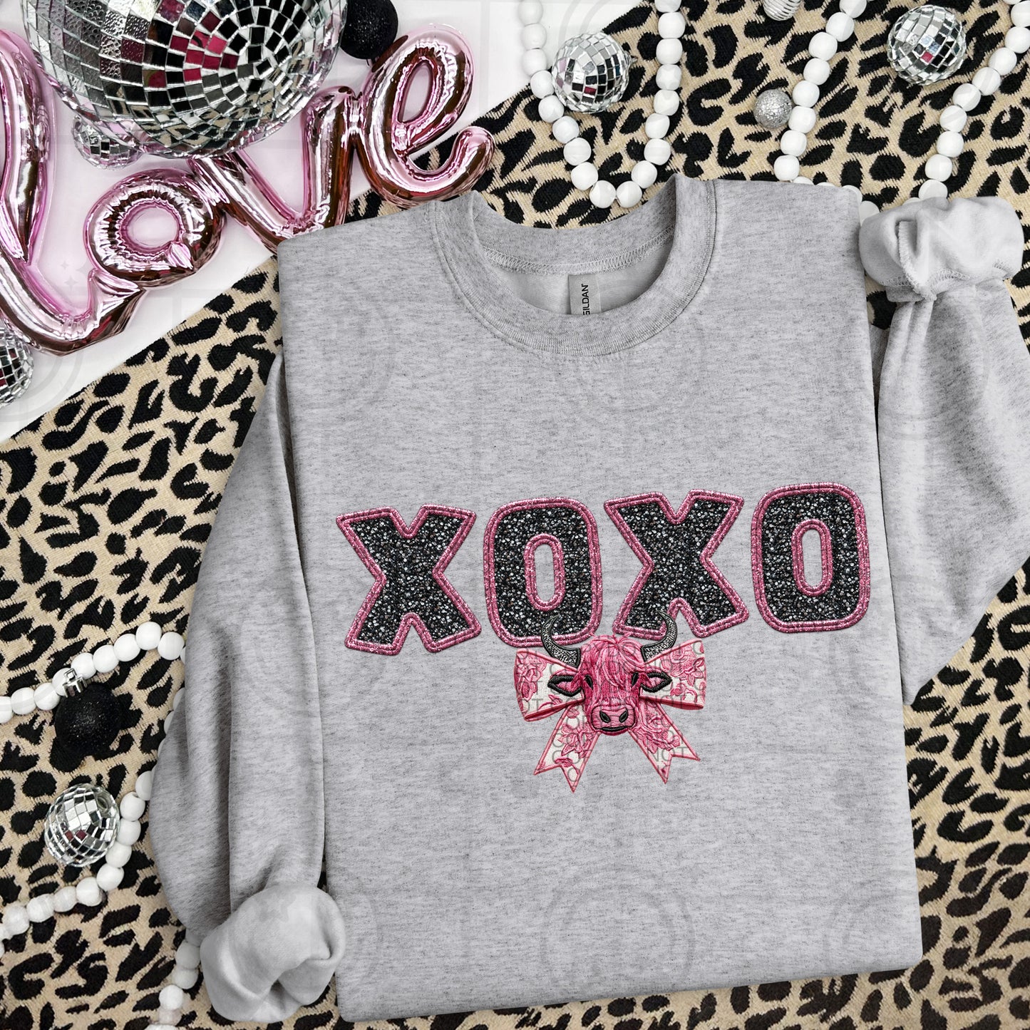 XOXO Pink Cow Faux Embroidery DTF Print