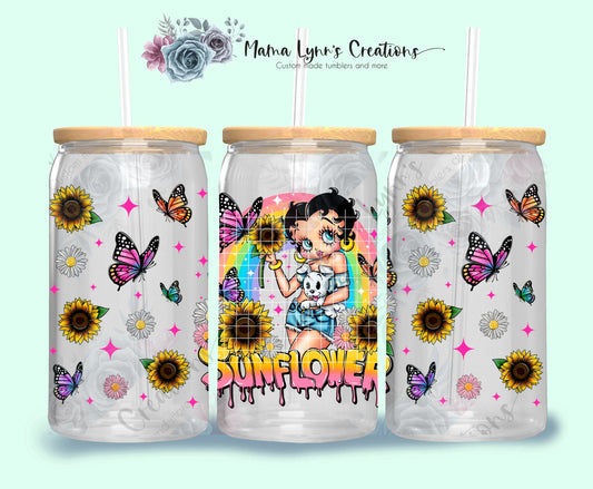 Sunflowers and Butterflies Betty 16 oz Glass Can Wrap