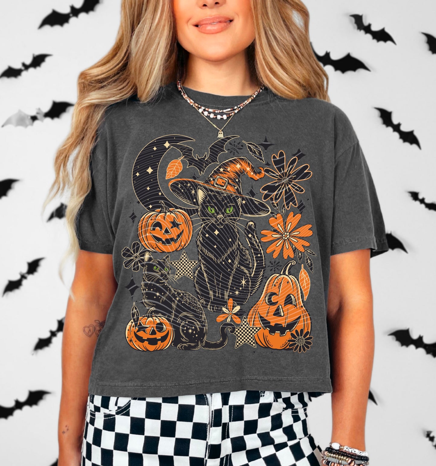 Black Spooky Cat & Pumpkins DTF Prints