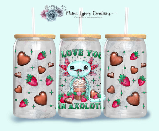 Green Axolotl Love Valentine 16 oz Glass Can Wrap