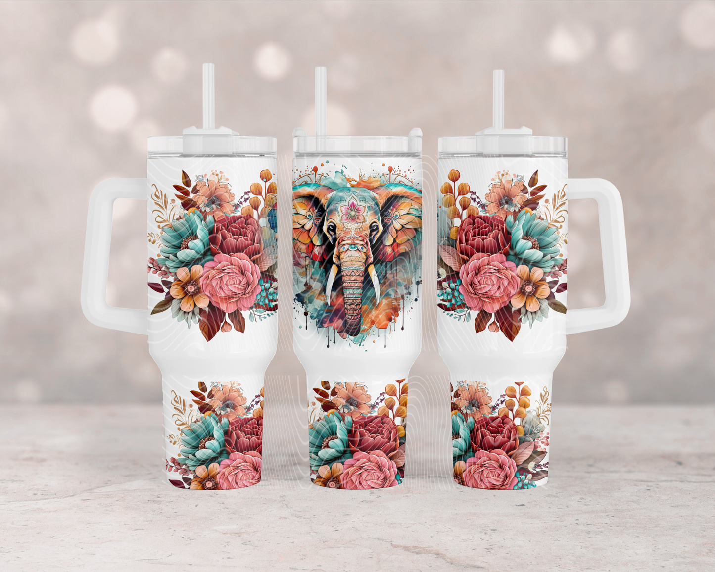 Floral Boho Elephant 40 oz Tumbler Prints