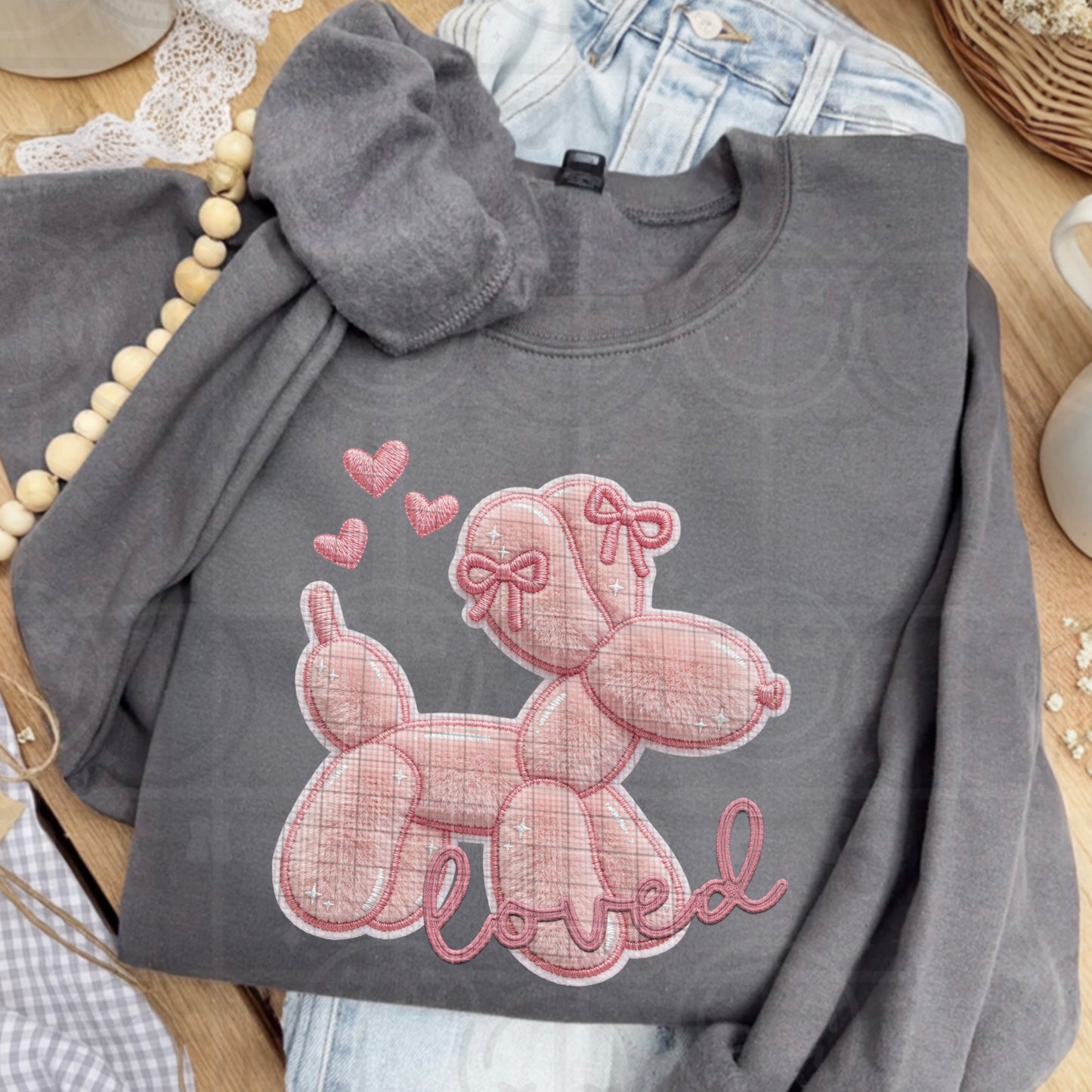 Loved Pink Dog Balloon (Faux Embroidery) DTF Prints