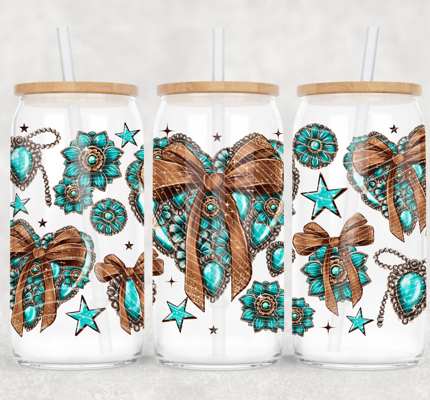 Turquoise Concho Heart 16 oz Glass Can Wrap