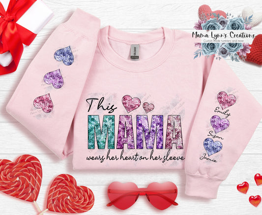This Mama Wears Her Heart Sleeve Faux Sequin Htv Transfer
