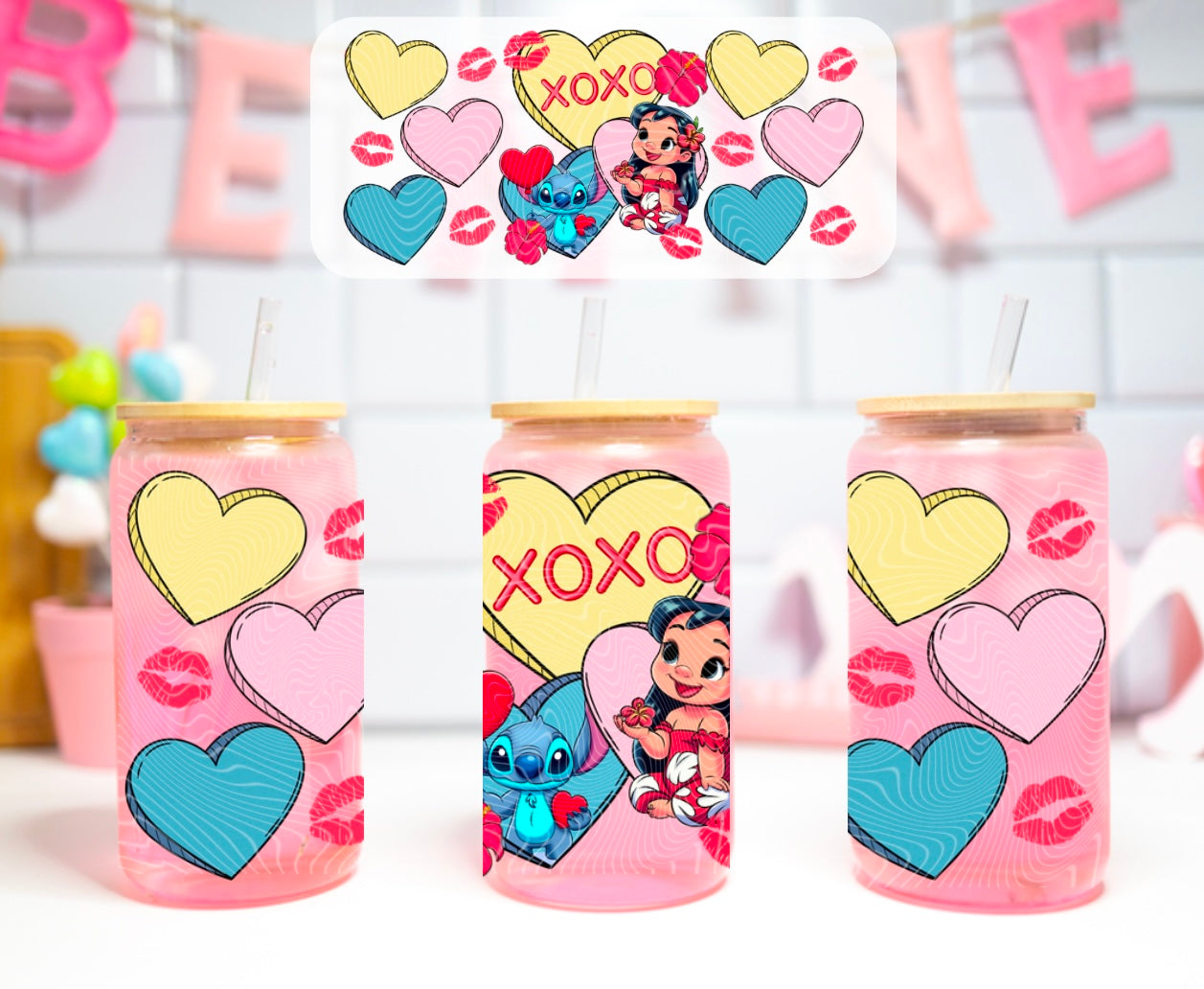 Ohana Valentine 16 oz Glass Can Wrap