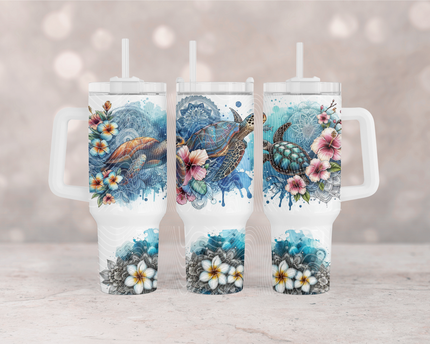 Blue Floral Sea Turtle 40 oz Tumbler Prints