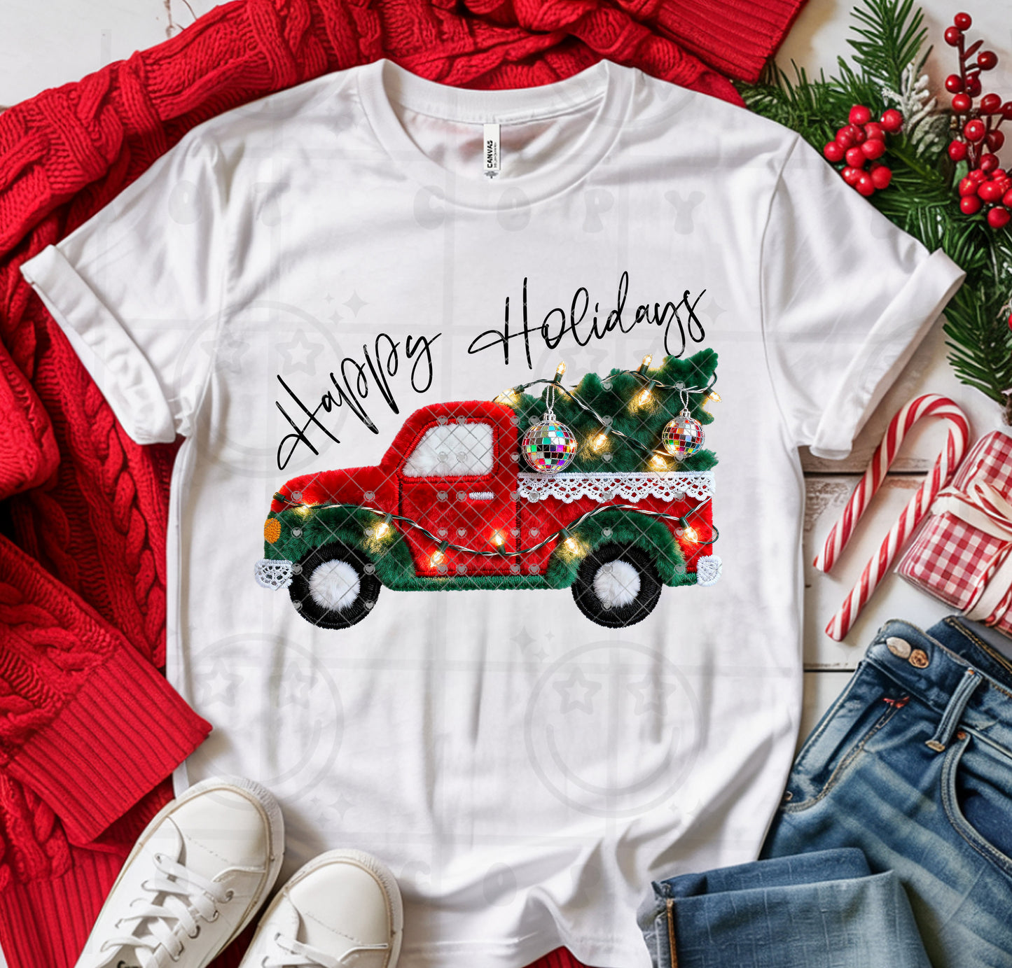 Happy Holiday Red Truck Faux Embroidery DTF Print
