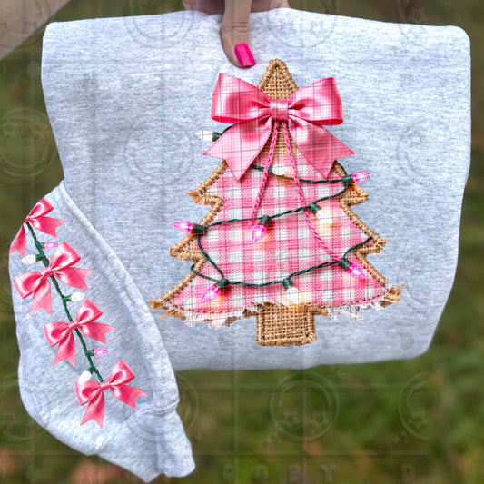 Pink Tree With Lights (Faux Burlap) DTF Prints
