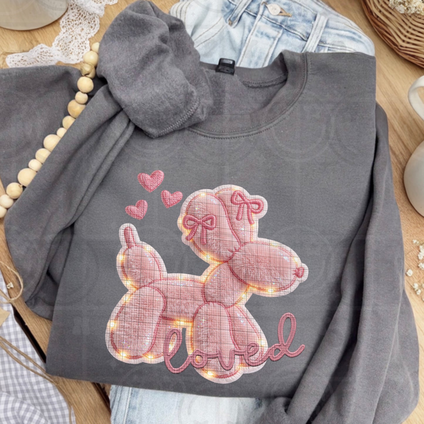 Loved Pink Dog Balloon With Lights (Faux Embroidery) DTF Prints