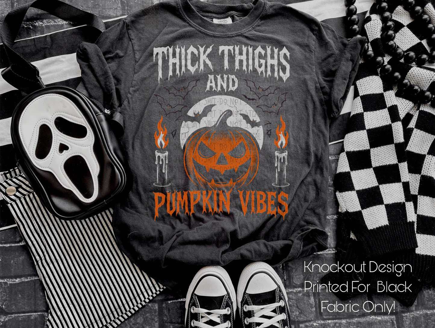 Thick Thighs And Pumpkin Vibes (For Black Fabric Only) DTF Prints