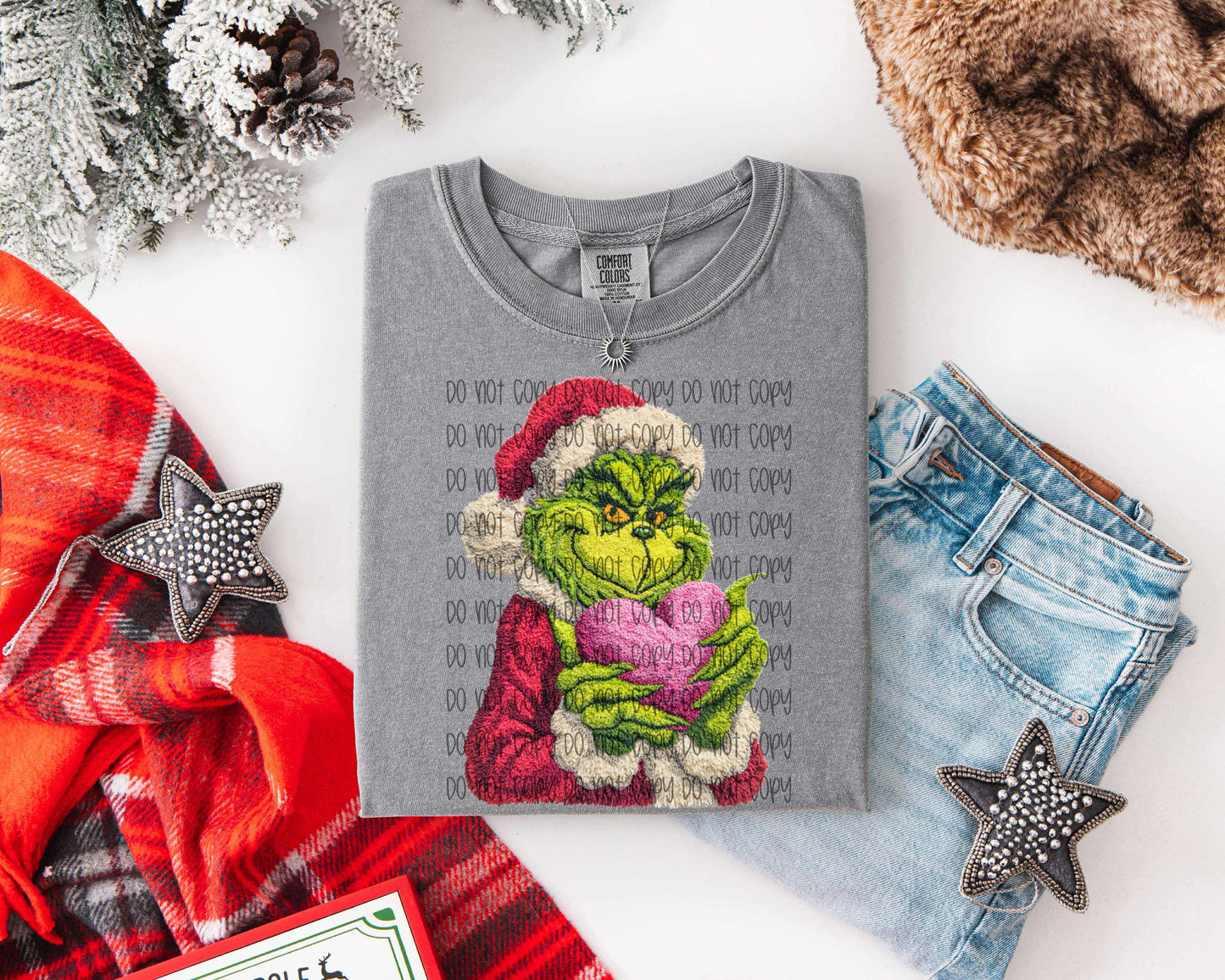 Grinch Holding Heart Faux Yarn DTF Print