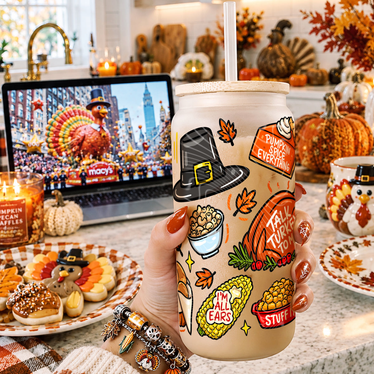 Thankful For Good Food Doodle 16 oz Glass Wrap