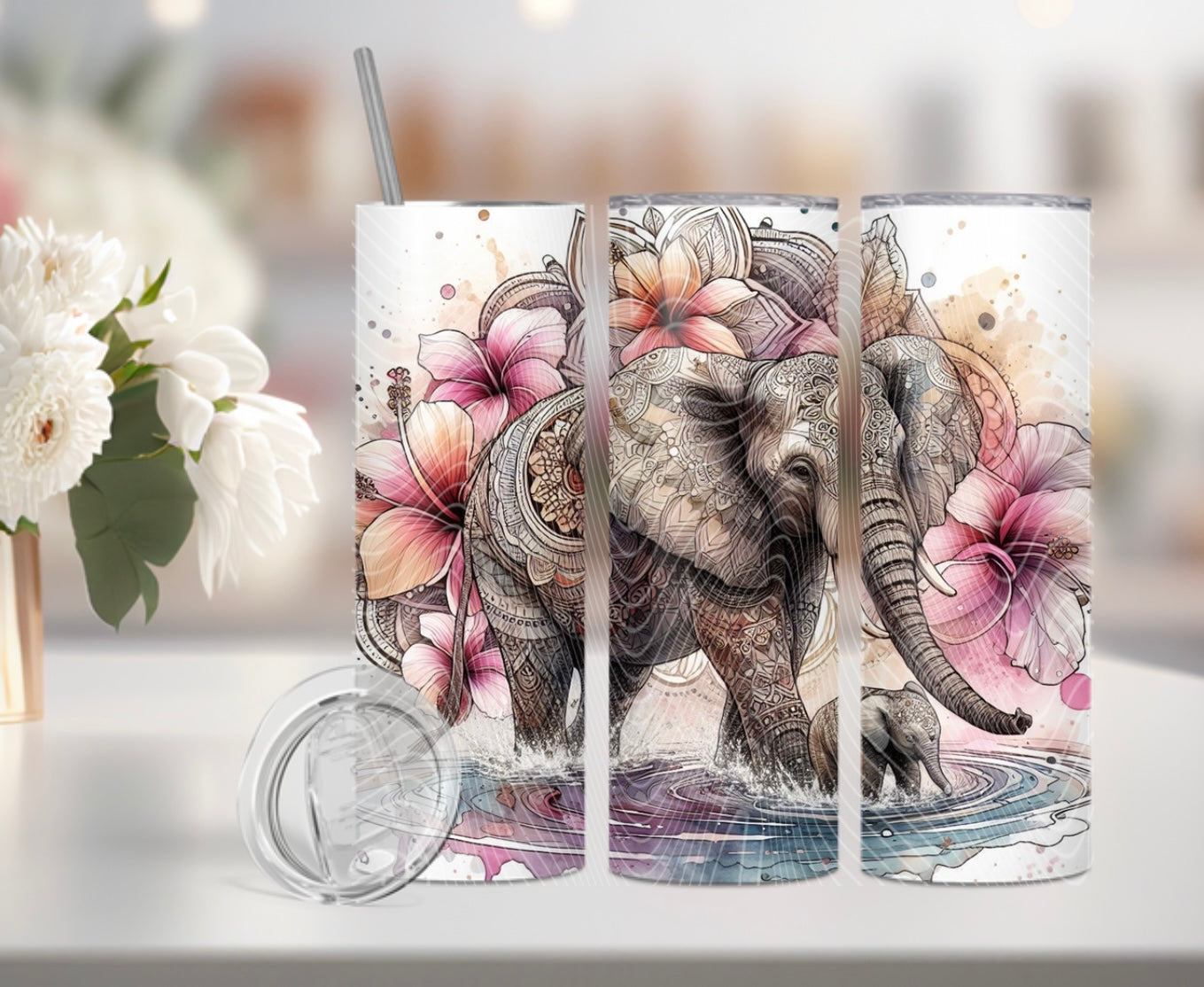 Boho Pink Hibiscus Elephant