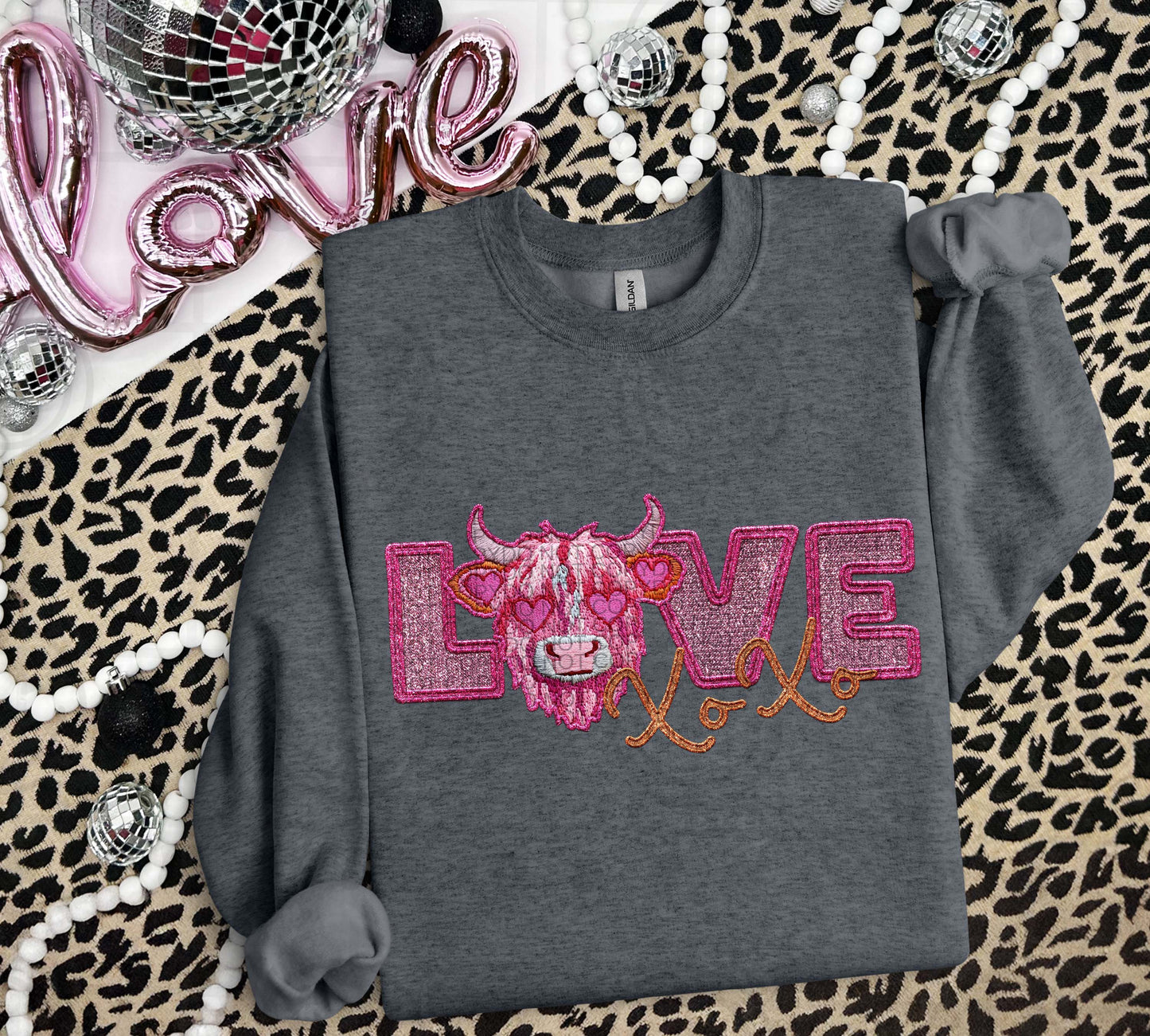 LOVE Xoxo Pink Highland Cow Faux Embroidery DTF Print