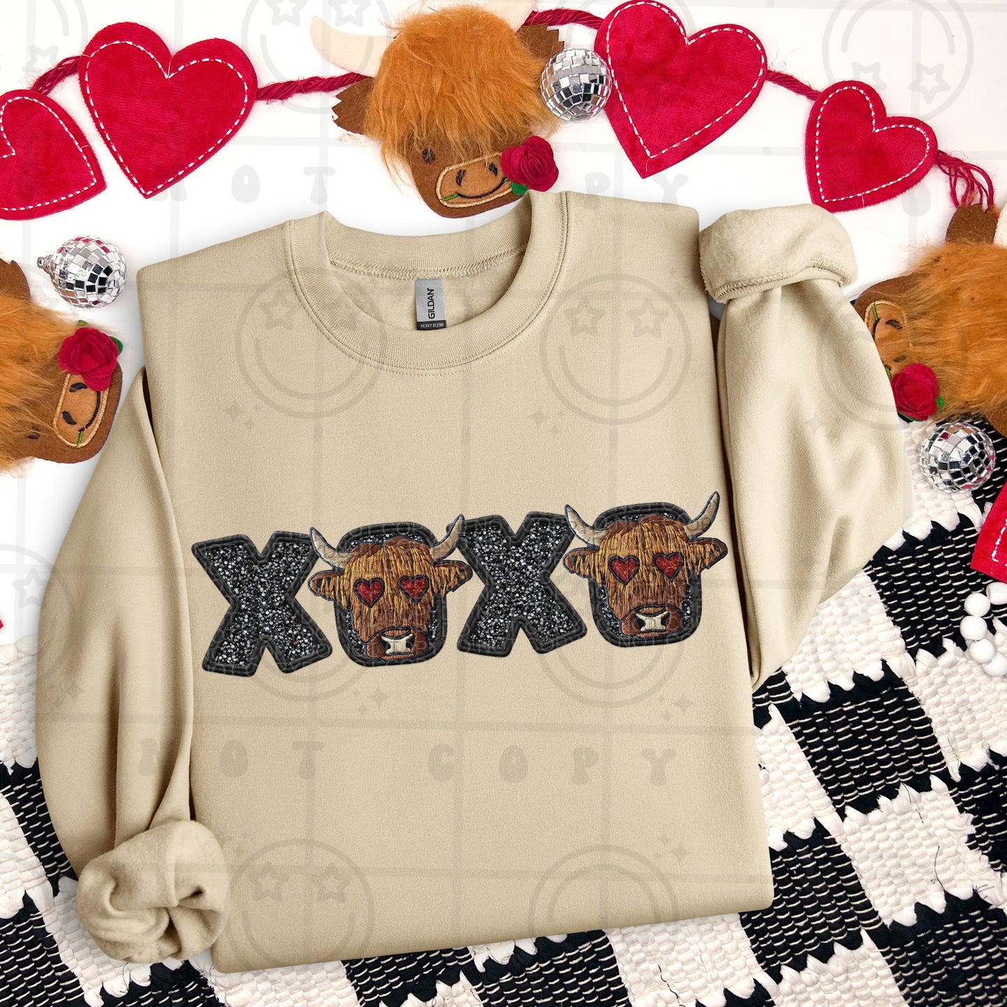 Black XOXO Highland Cow Faux Embroidery DTF Print
