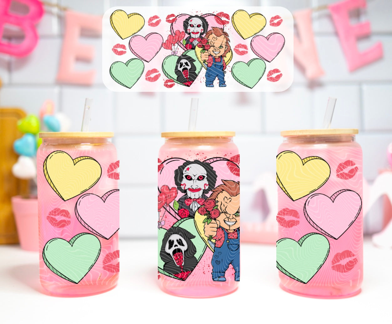 Horror Valentine 16 oz Glass Can Wrap