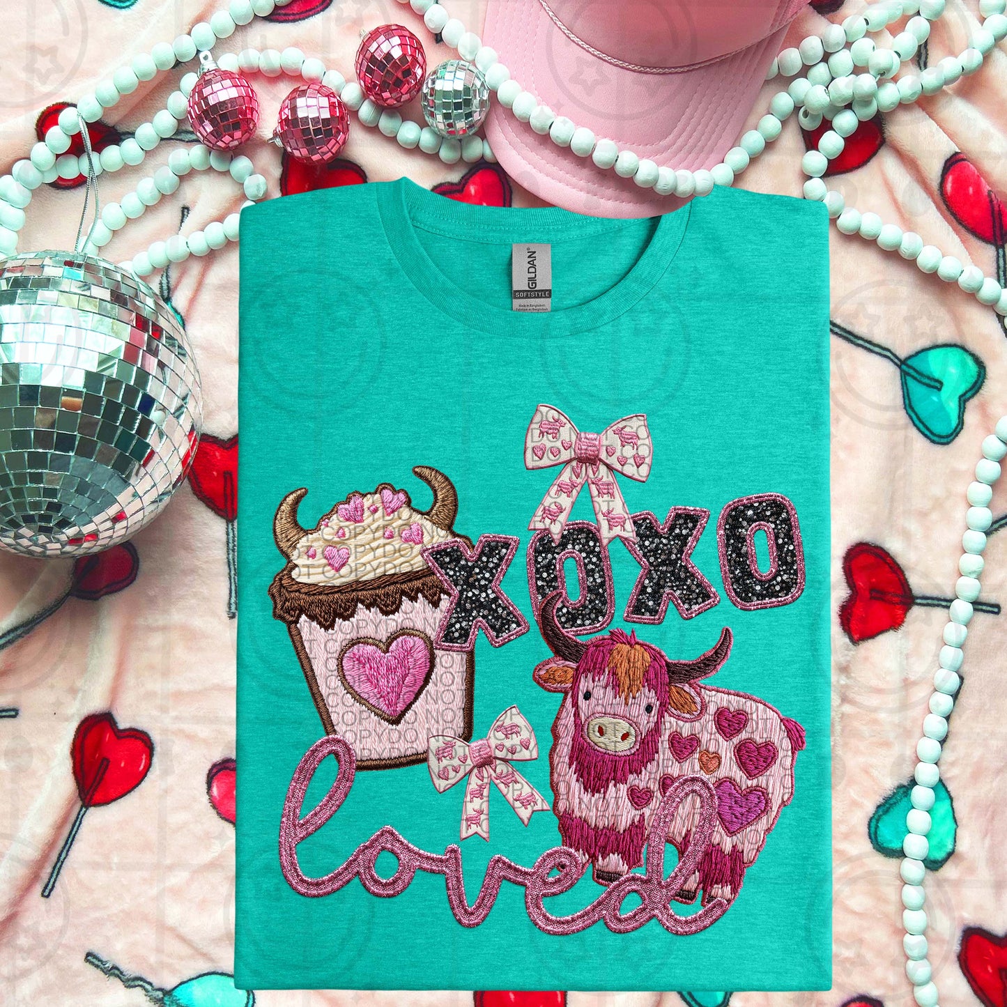 XOXO Coffee LOVED Pink Cow Faux Embroidery DTF Print