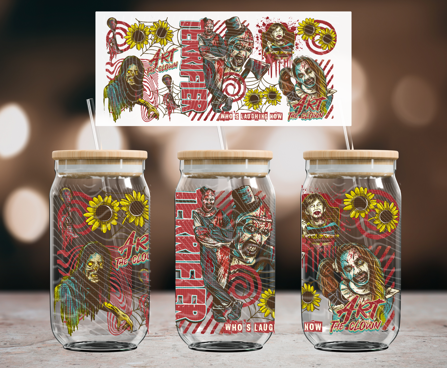 Horror Vintage Terrifier 16 oz Glass Can Wraps