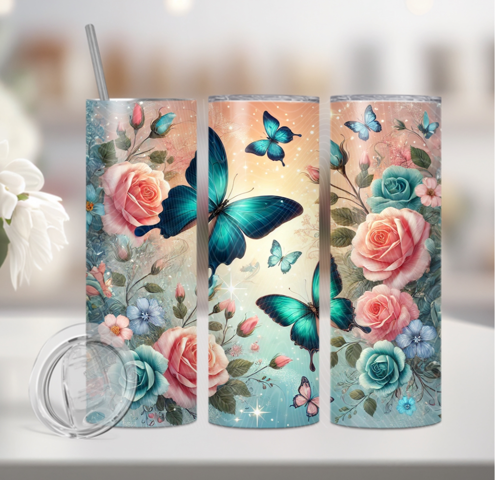 Spring Roses and Green Butterflies