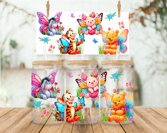 Spring Butterfly Honey Bear Friends 16 oz Glass Can Wrap