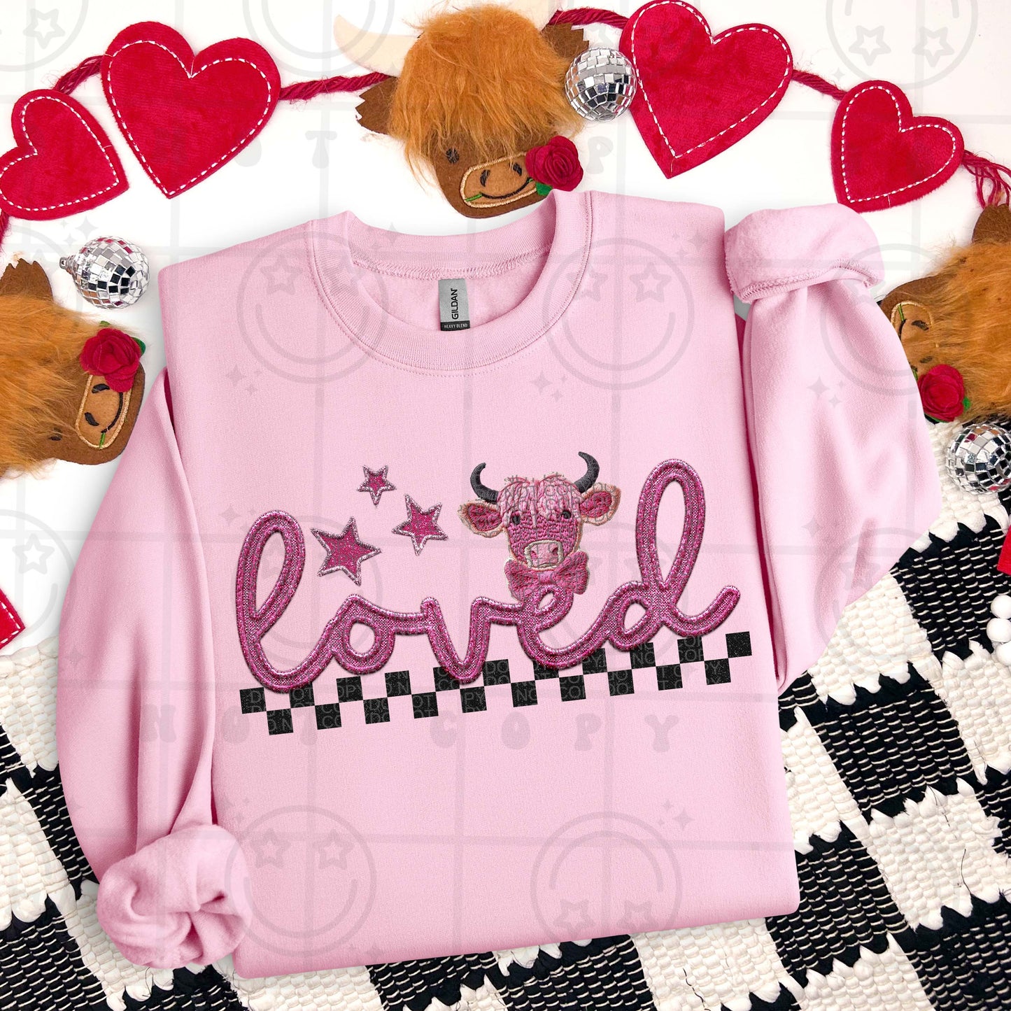 Loved Pink Highland Cow Faux Embroidery DTF Print