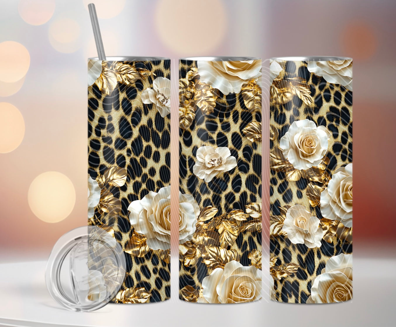 3d Leopard And Gold Leaf Roses
