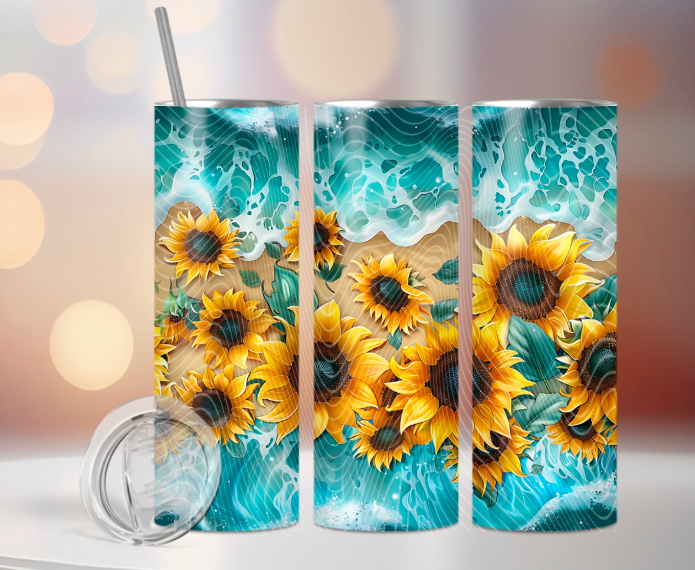 3d Sunflowers In The Ocean Waves