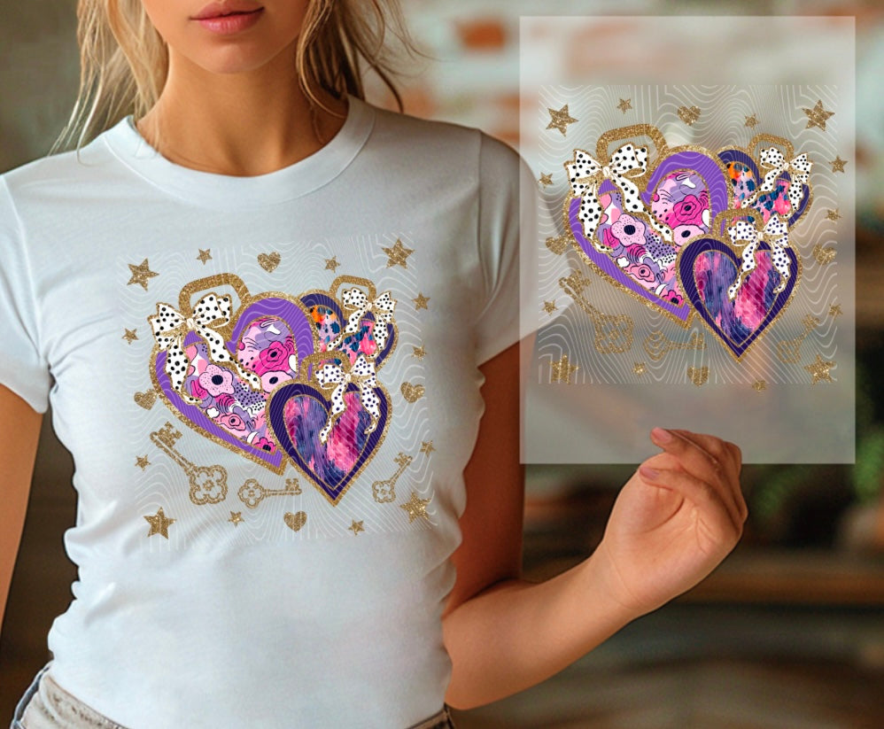 Purple and Gold Floral Hearts and keys DTF Print
