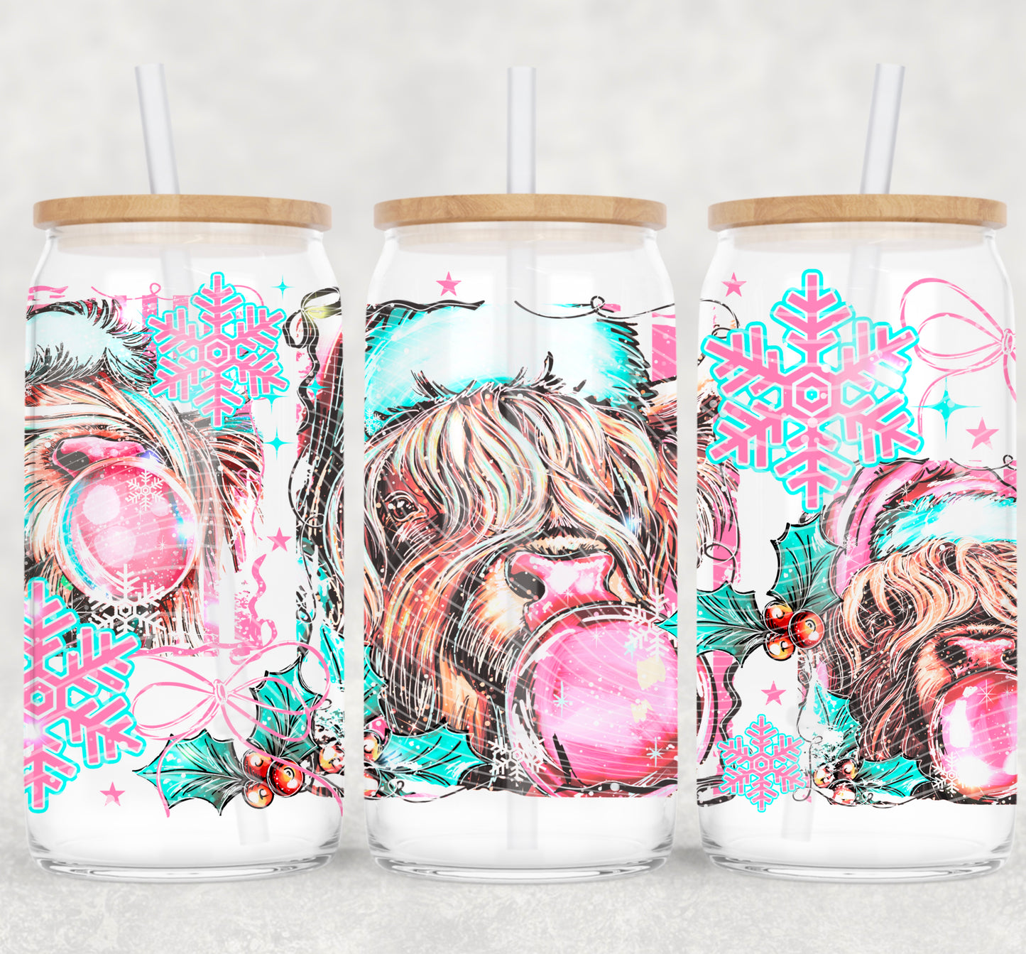 Christmas Cow Selfie 16 oz Glass Wraps