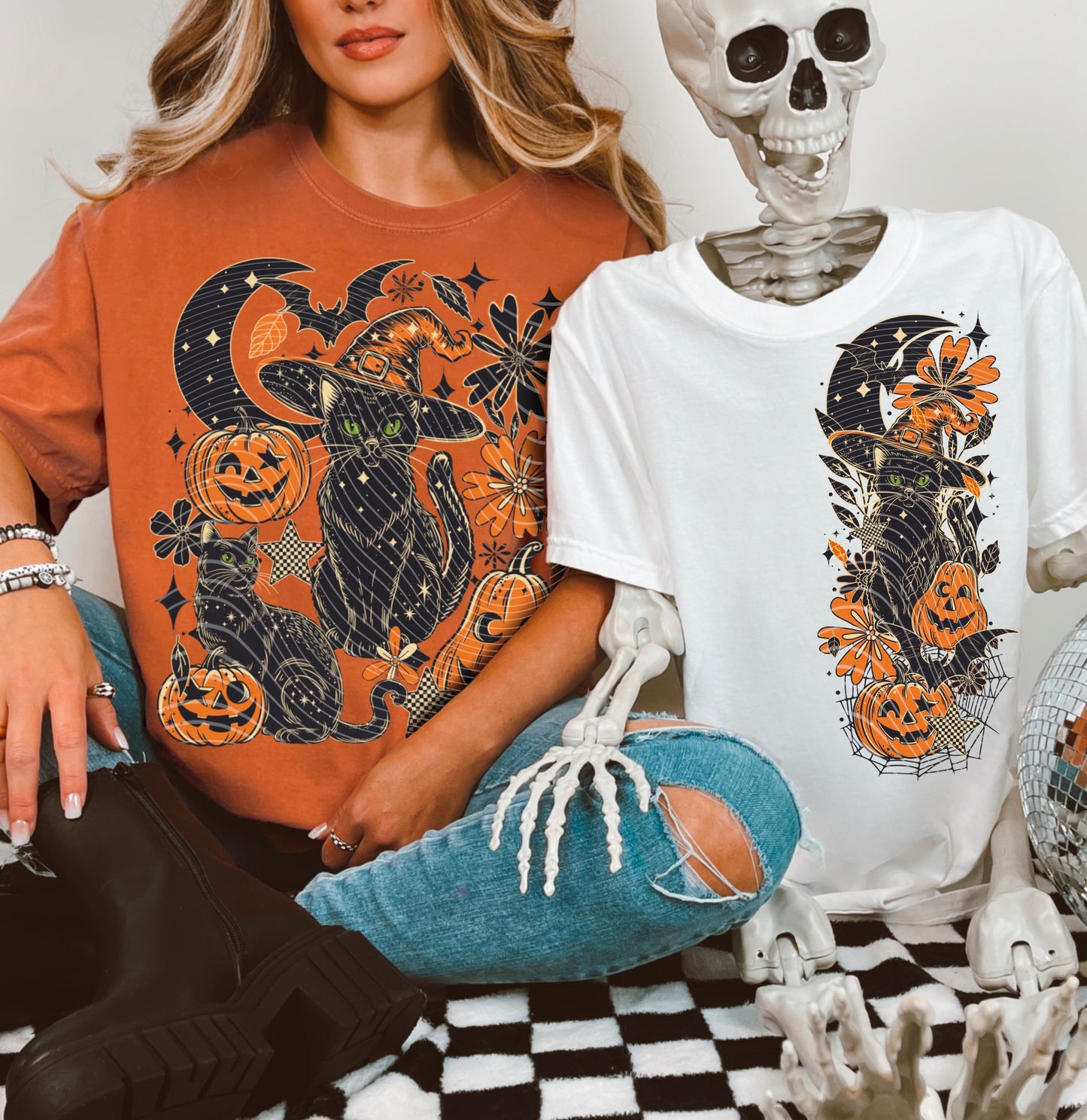 Black Spooky Cat & Pumpkins DTF Prints