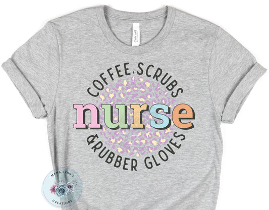 Nurse -Coffee Scrubs Rubber Gloves Circle - Htv Transfer