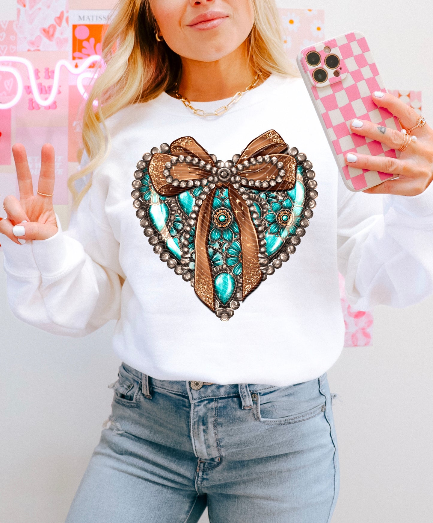 Turquoise Concho Heart -Double Sleeve- DTF Print
