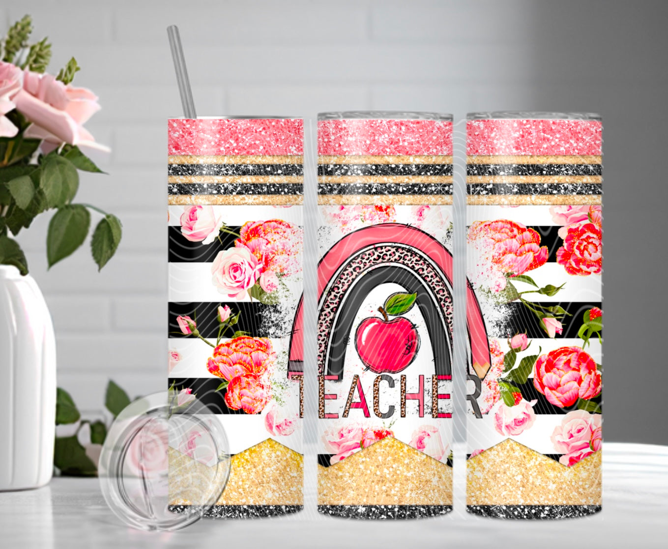 Floral Striped Teacher Tumbler Wrap