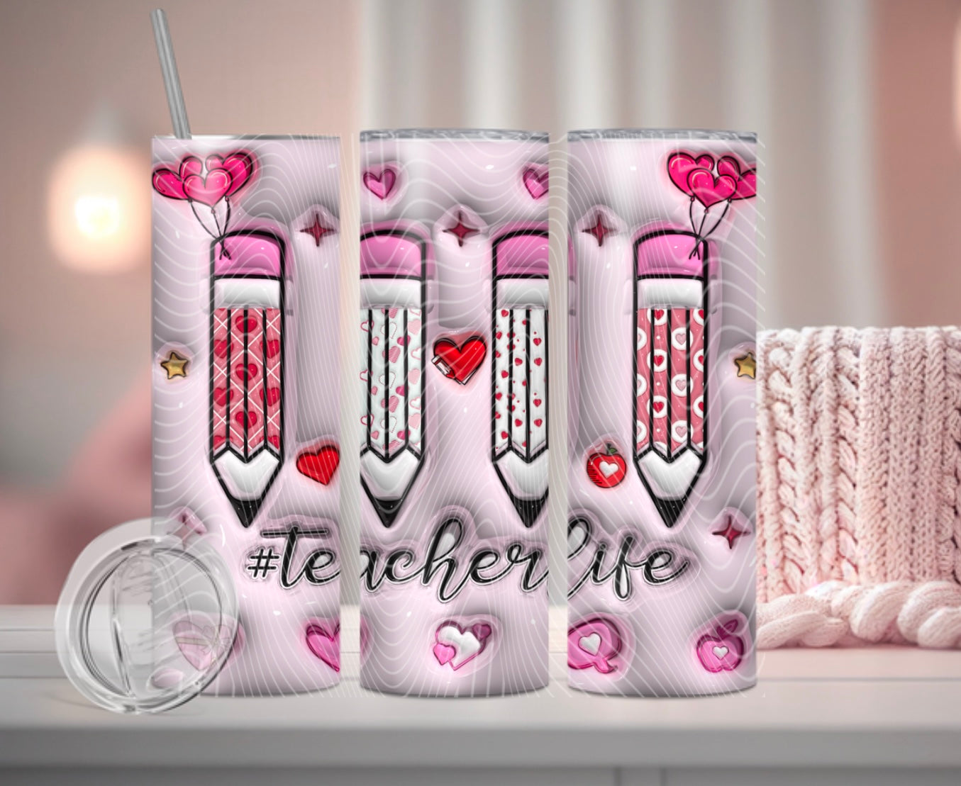 3D Pink Teacher Life Pencil Tumbler Wrap