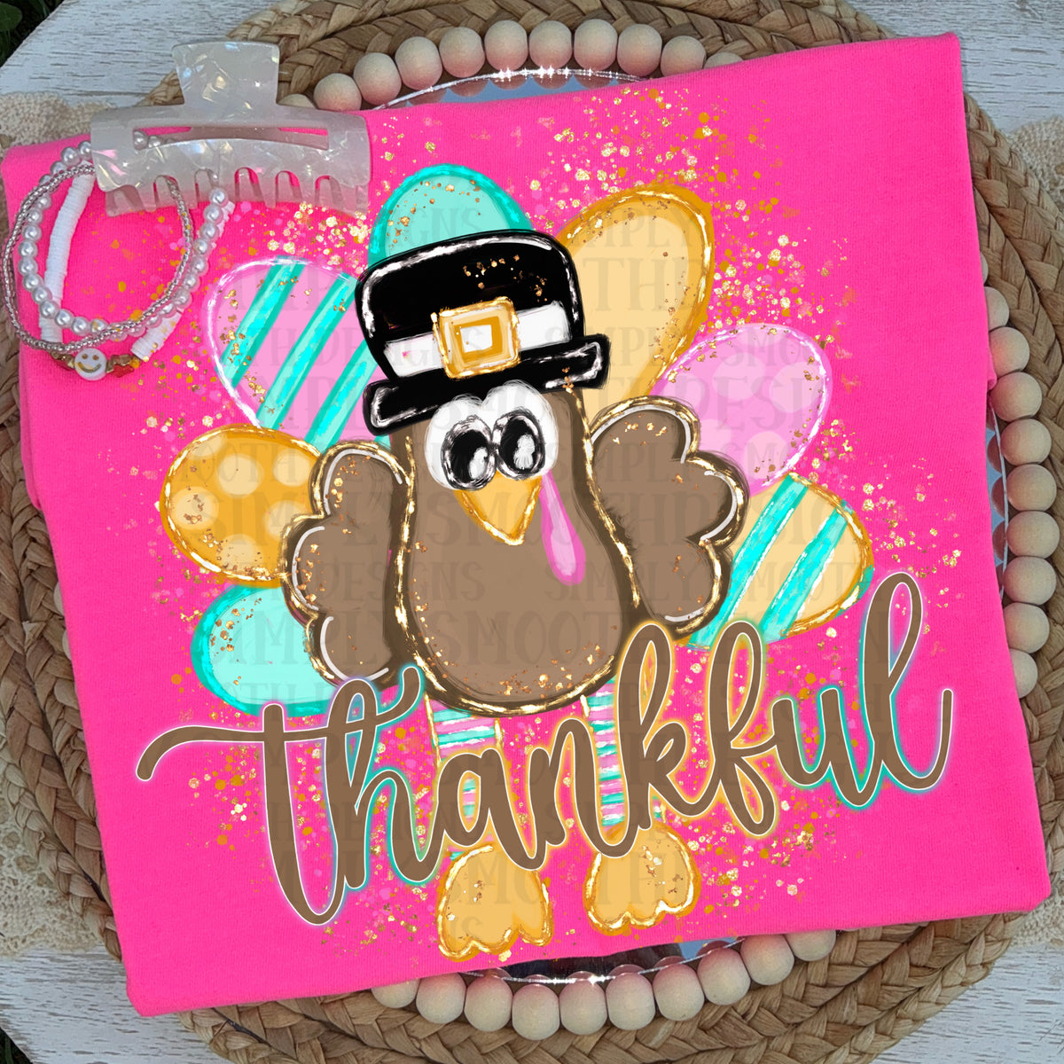 Thankful Glitter Turkey DTF Print