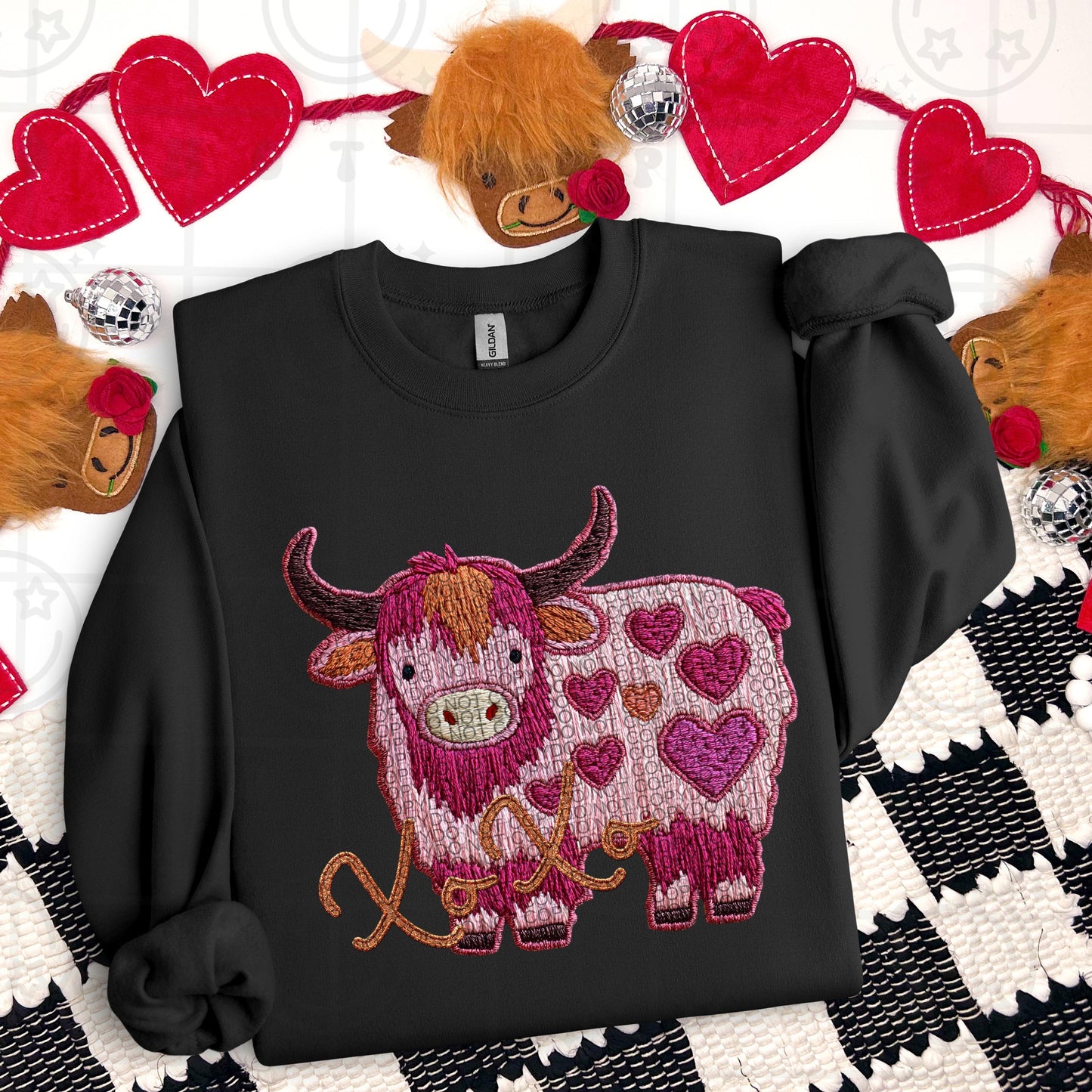 XOXO Pink Hearts Highland Cow Faux Embroidery DTF Print