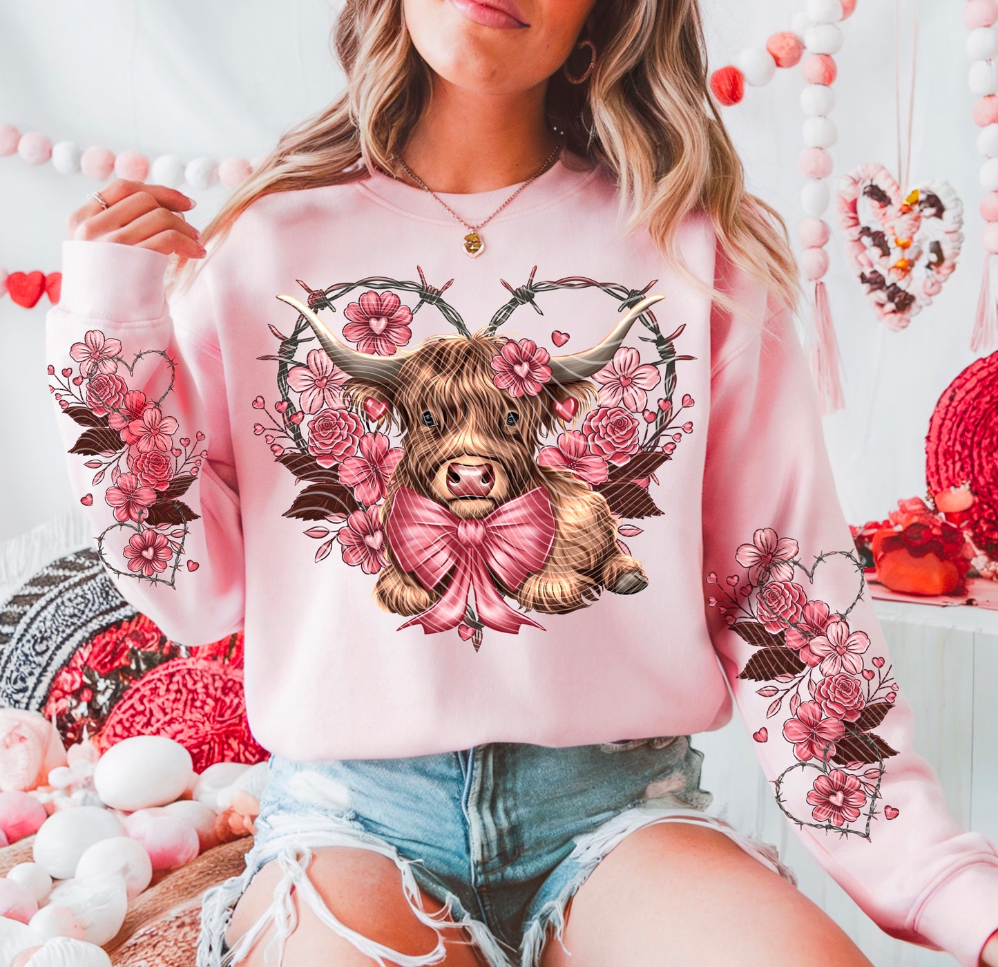 Valentine Highland Cow Wire Style- Double Sleeve DTF Print