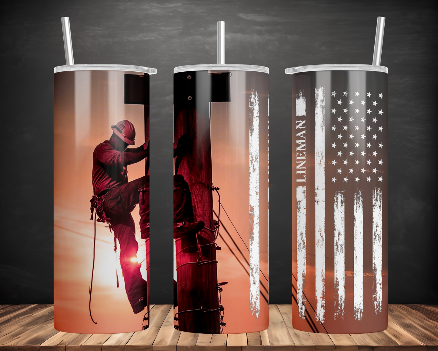 Lineman Climbing With Flag