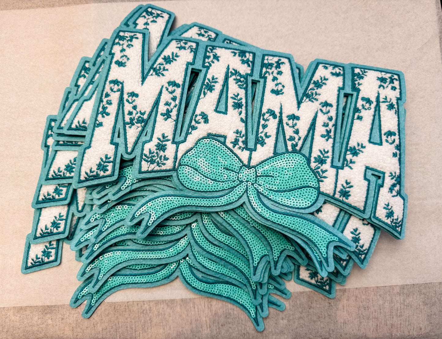 Turquoise Mama and Mini Chenille Iron On Transfer